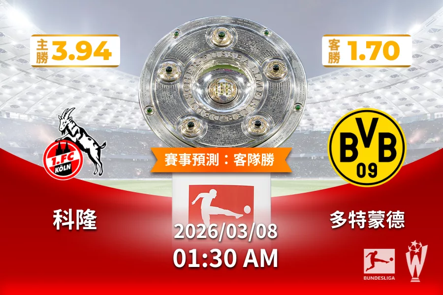 德甲 運彩分析與預測》科隆 vs 多特蒙德 2026年03月08日 01:30
