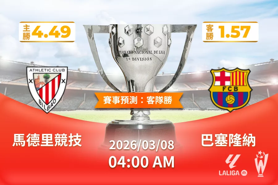 西甲 運彩分析與預測》畢爾包 vs 巴塞隆納 2026 年 03 月 08 日 04:00