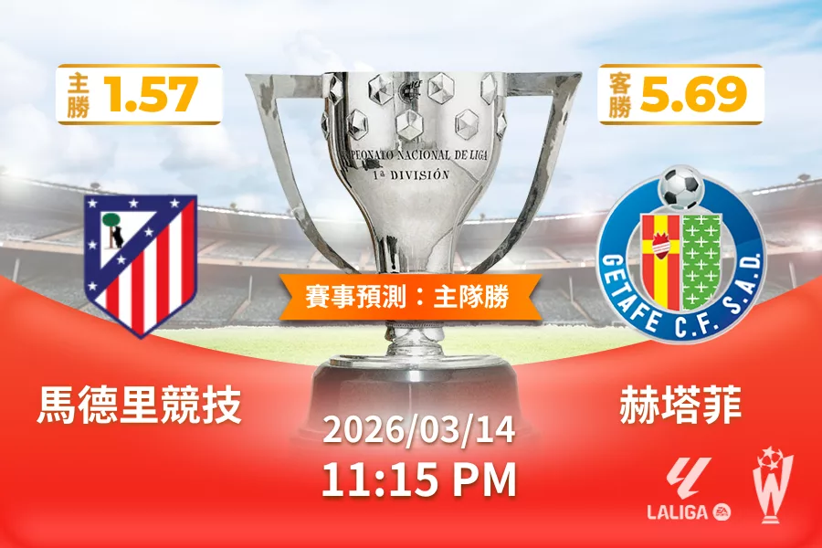 西甲 運彩分析與預測》馬德里競技 vs 赫塔菲 2026 年 03 月 14 日 23:15