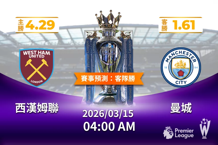 英超 運彩分析與預測》西漢姆聯 vs 曼城 2026年03月15日 04:00