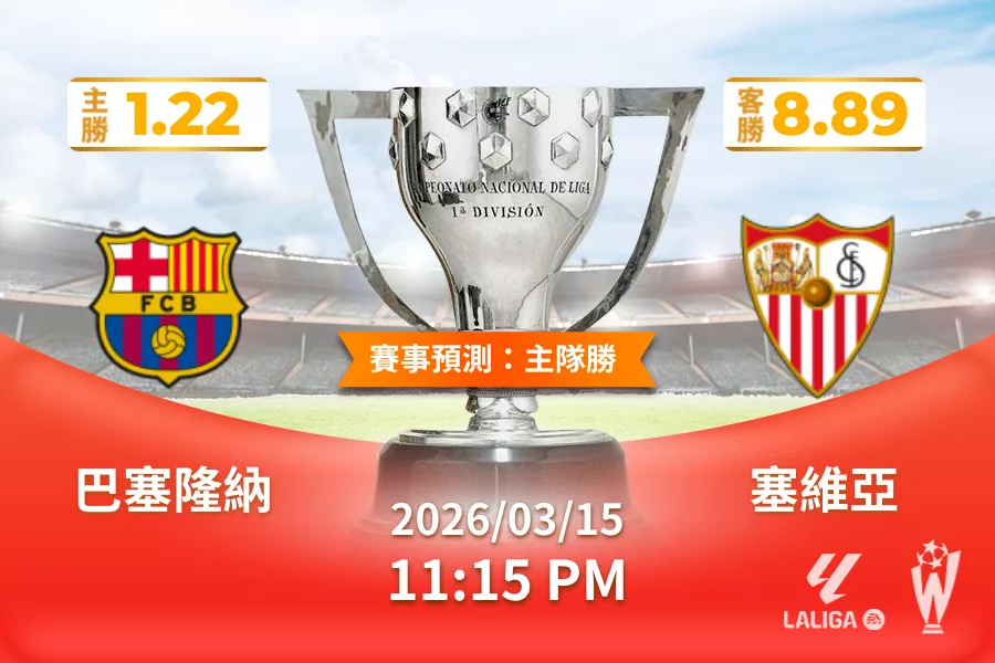 西甲 運彩分析與預測》巴塞隆納 vs 塞維亞 2026 年 03 月 15 日 23:15